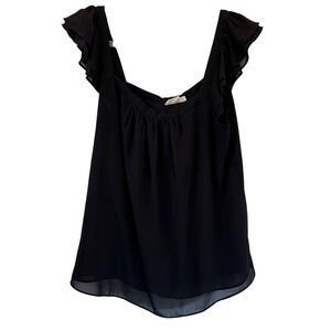 ee:some Black Ruffle Sleeve Square Neck Sheer Overlay Top Size L Feminine